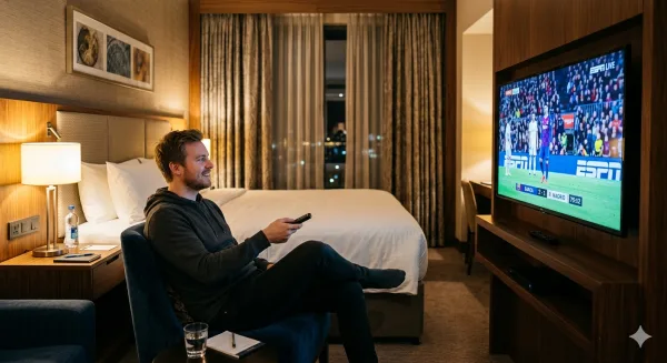 Televisor encendido en habitación de hotel con señal de cable, ilustrando los derechos de autor audiovisuales en Chile - Imagen 3